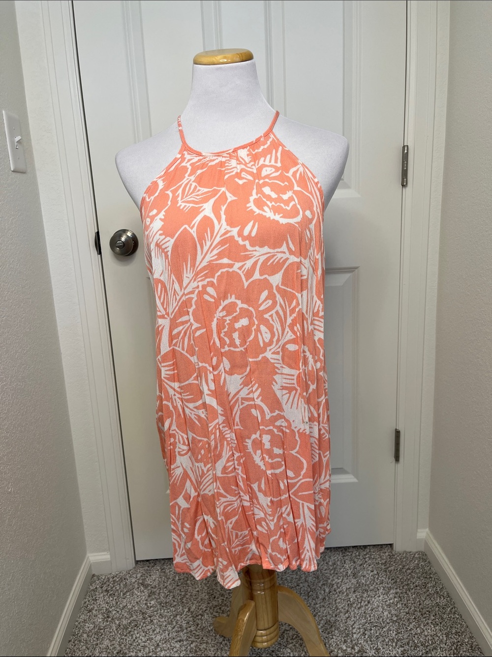 I.JOAH Coral Floral Halter Swing Dress Boho Sundress Medium